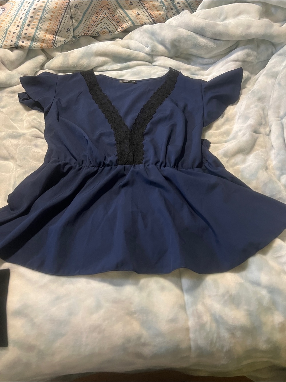 Navy Blouse with Black Lace V-Neck